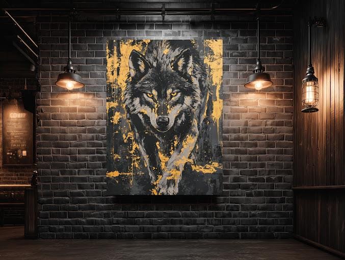 Wolf Wall Art Canvas Print, Rustic Cabin Decor, Moody Wildlife Artwork for Lodge Office — Framed Print wall art