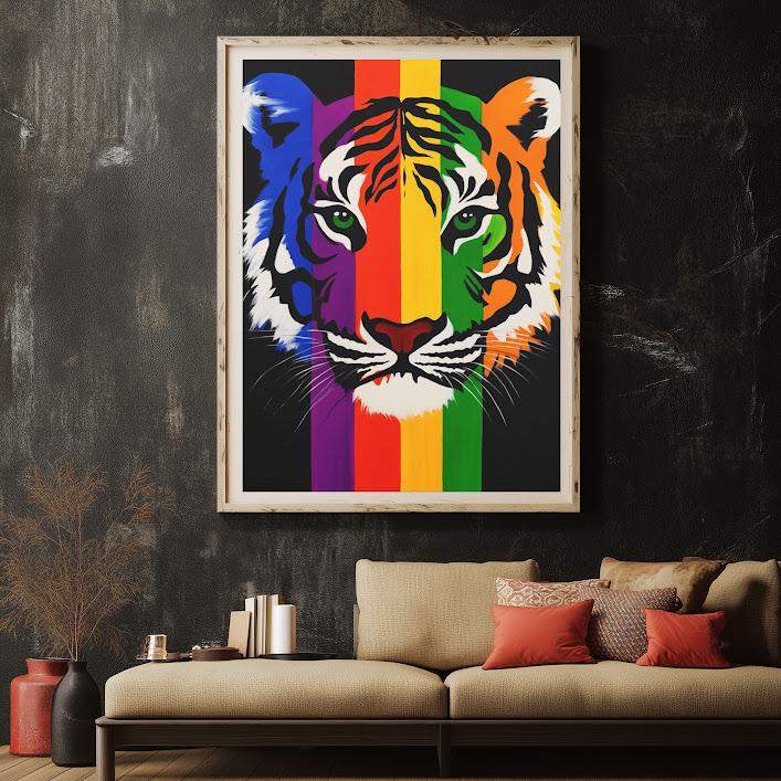 Rainbow Tiger Canvas Print, Colorful Animal Wall Art, Modern Home Decor — Framed Print wall art
