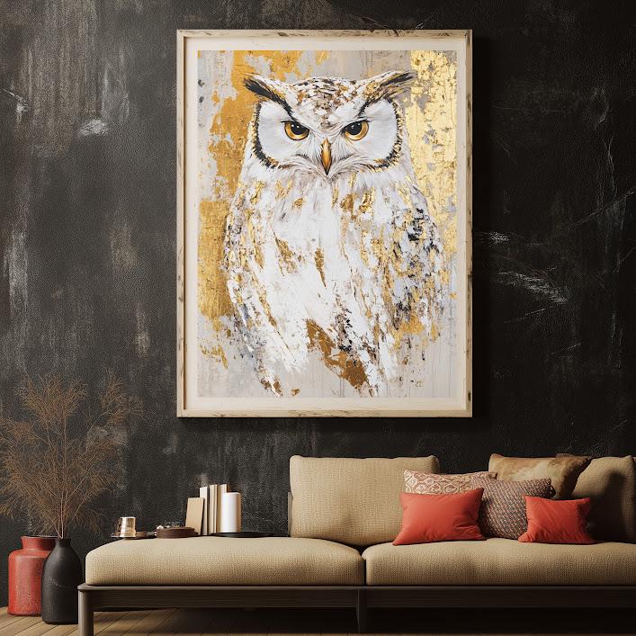 Gold Owl Canvas Art, Modern Animal Print, Large Wall Decor — Framed Print wall art