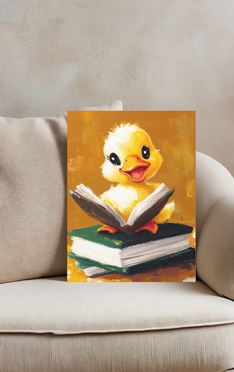 Reading Duck Art Print | Whimsical Animal Classroom Decor — Framed Print wall art