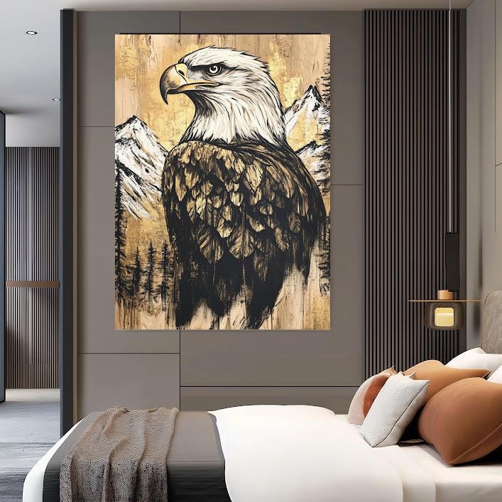 Bald Eagle Canvas Wall Art | Rustic Cabin Decor | Mountain Wall Art | Patriotic Gift | Large Living Room Bird Decor |