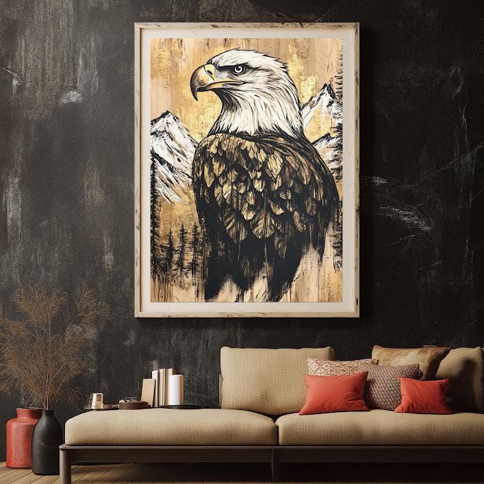 Bald Eagle Canvas Wall Art | Rustic Cabin Decor | Mountain Wall Art | Patriotic Gift | Large Living Room Bird Decor |