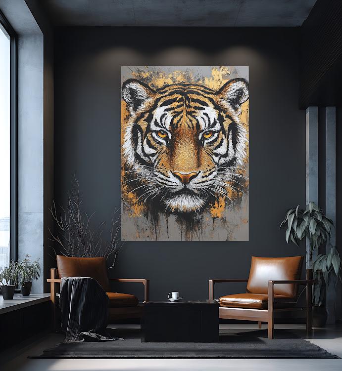 Tiger Portrait Canvas | Modern Animal Wall Art | Man Cave Decor — Framed Print wall art