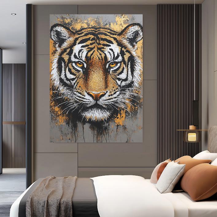 Tiger Portrait Canvas | Modern Animal Wall Art | Man Cave Decor — Framed Print wall art