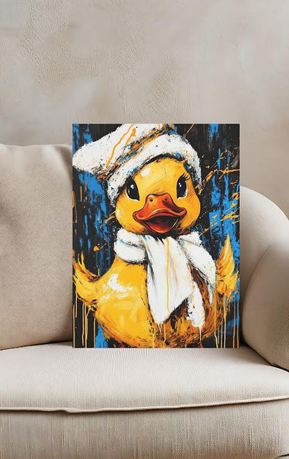 Whimsical Duck Canvas Print, Winter Hat and Scarf, Animal Wall Art — Framed Print wall art
