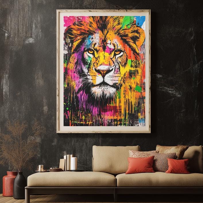 Colorful Abstract Lion Print | Modern Animal Wall Art, King Jungle Poster, Urban Graffiti Painting — Framed Print wall art