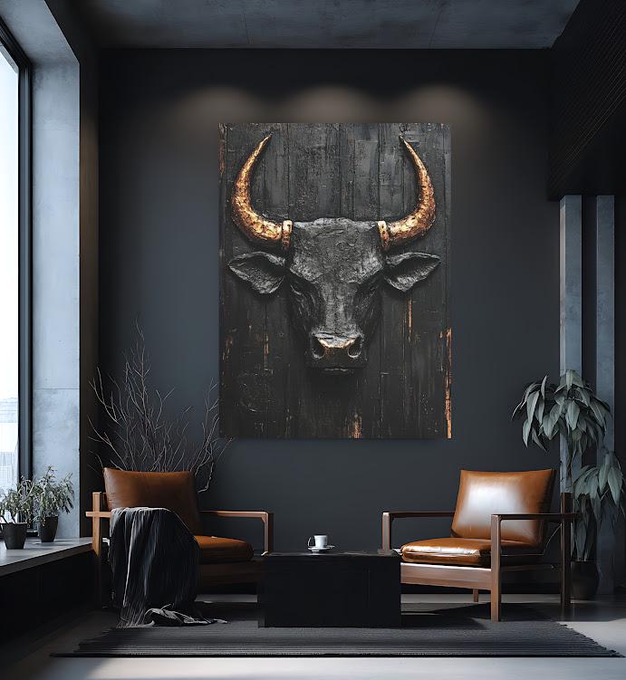 Rustic Bull Canvas Print | Abstract Farmhouse Decor | Masculine Skull Art — Framed Print wall art