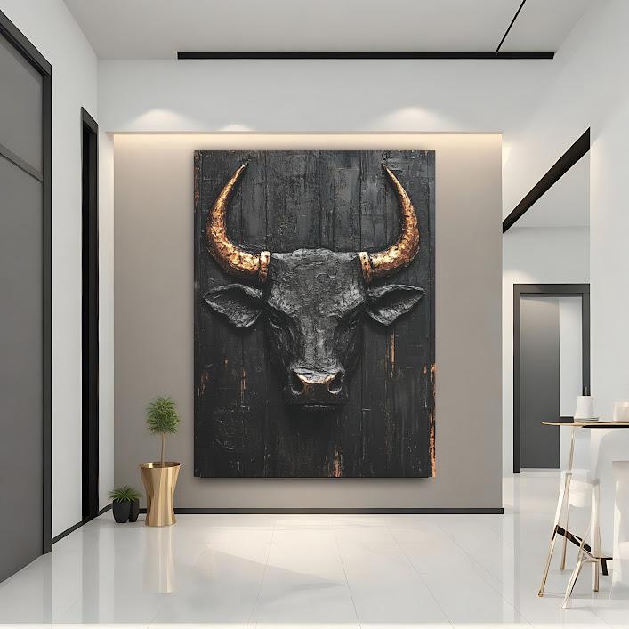 Rustic Bull Canvas Print | Abstract Farmhouse Decor | Masculine Skull Art — Framed Print wall art