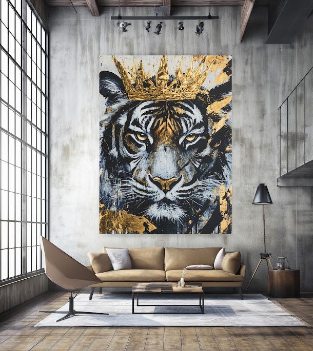 Tiger King Canvas Art, Gold Crown Animal Print, Modern Wall Decor — Framed Print wall art