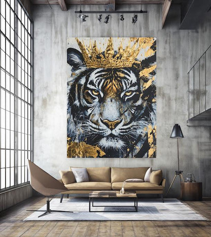 Tiger King Canvas Art, Gold Crown Animal Print, Modern Wall Decor — Framed Print wall art