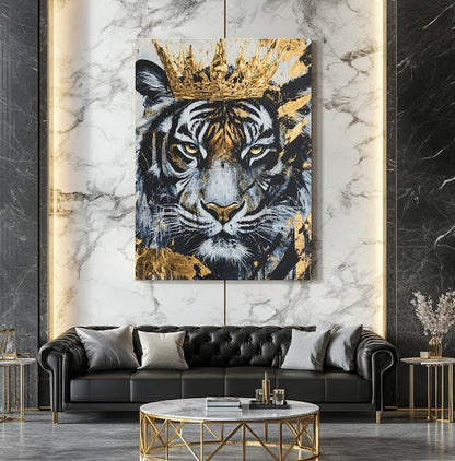 Tiger King Canvas Art, Gold Crown Animal Print, Modern Wall Decor — Framed Print wall art