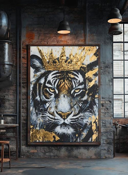Tiger King Canvas Art, Gold Crown Animal Print, Modern Wall Decor — Framed Print wall art