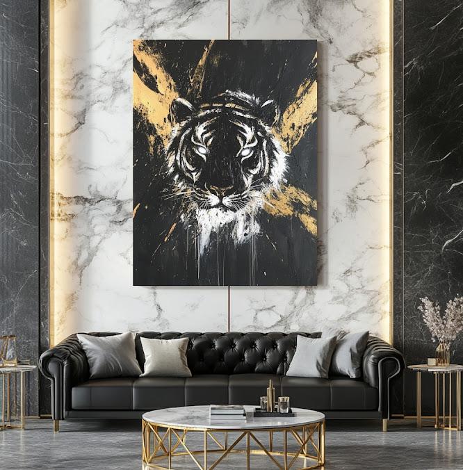 Black and Gold Tiger Art | Modern Jungle Canvas Print | Big Cat Poster — Framed Print wall art