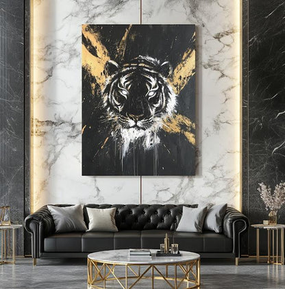Black and Gold Tiger Art | Modern Jungle Canvas Print | Big Cat Poster — Framed Print wall art