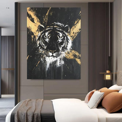 Black and Gold Tiger Art | Modern Jungle Canvas Print | Big Cat Poster — Framed Print wall art