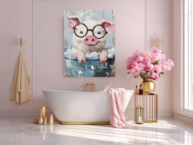 Pig in Bathtub Art | Farmhouse Animal Canvas or Poster — Framed Print wall art