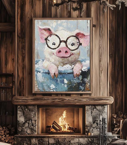 Pig in Bathtub Art | Farmhouse Animal Canvas or Poster — Framed Print wall art