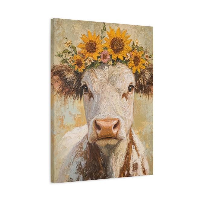 Sunflower Cow Canvas Print, Farmhouse Animal Wall Art, Rustic Home Decor — Canvas wall art