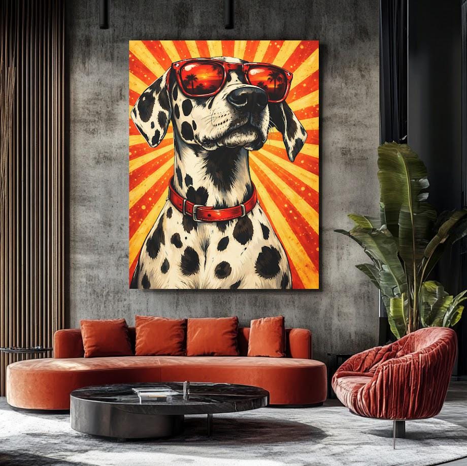 Funky Dalmatian Canvas | Dog with Sunglasses | Retro Pop Art Pet Print — Framed Print wall art