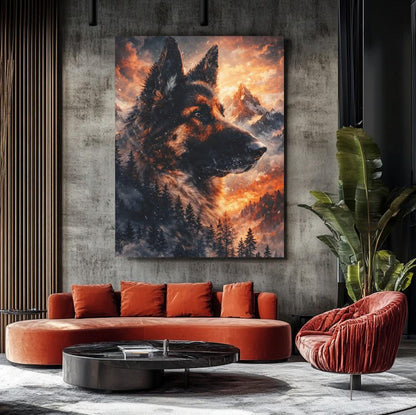 German Shepherd Mountain Sunset Canvas Print | Dramatic Pet Memorial Art — Framed Print wall art