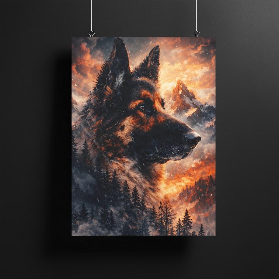 German Shepherd Mountain Sunset Canvas Print | Dramatic Pet Memorial Art — Framed Print wall art