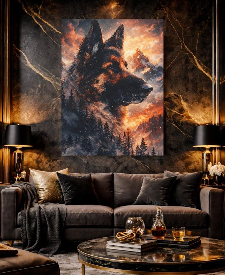 German Shepherd Mountain Sunset Canvas Print | Dramatic Pet Memorial Art — Framed Print wall art