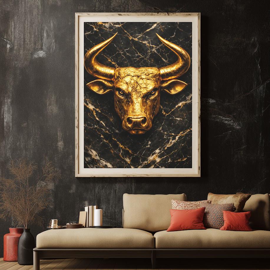 Golden Bull Canvas | Wall Street Art | Stock Market Gift | Black Marble Print | Masculine Wall Decor | Man Cave — Framed