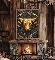 Golden Bull Canvas | Wall Street Art | Stock Market Gift | Black Marble Print | Masculine Wall Decor | Man Cave — Framed
