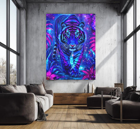 Neon Tiger Wall Art | Psychedelic Jungle Canvas | Colorful Animal Print | Tropical Big Cat Artwork — Canvas wall art
