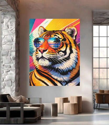 Retro Tiger Art with Sunglasses | Maximalist Neon Pop Art Canvas Print — Framed Print wall art