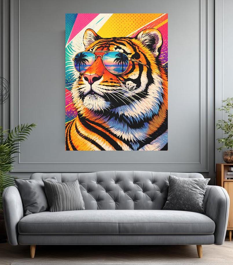Retro Tiger Art with Sunglasses | Maximalist Neon Pop Art Canvas Print — Canvas wall art