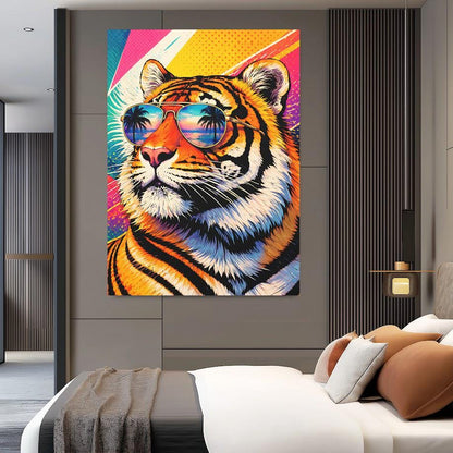 Retro Tiger Art with Sunglasses | Maximalist Neon Pop Art Canvas Print — Framed Print wall art
