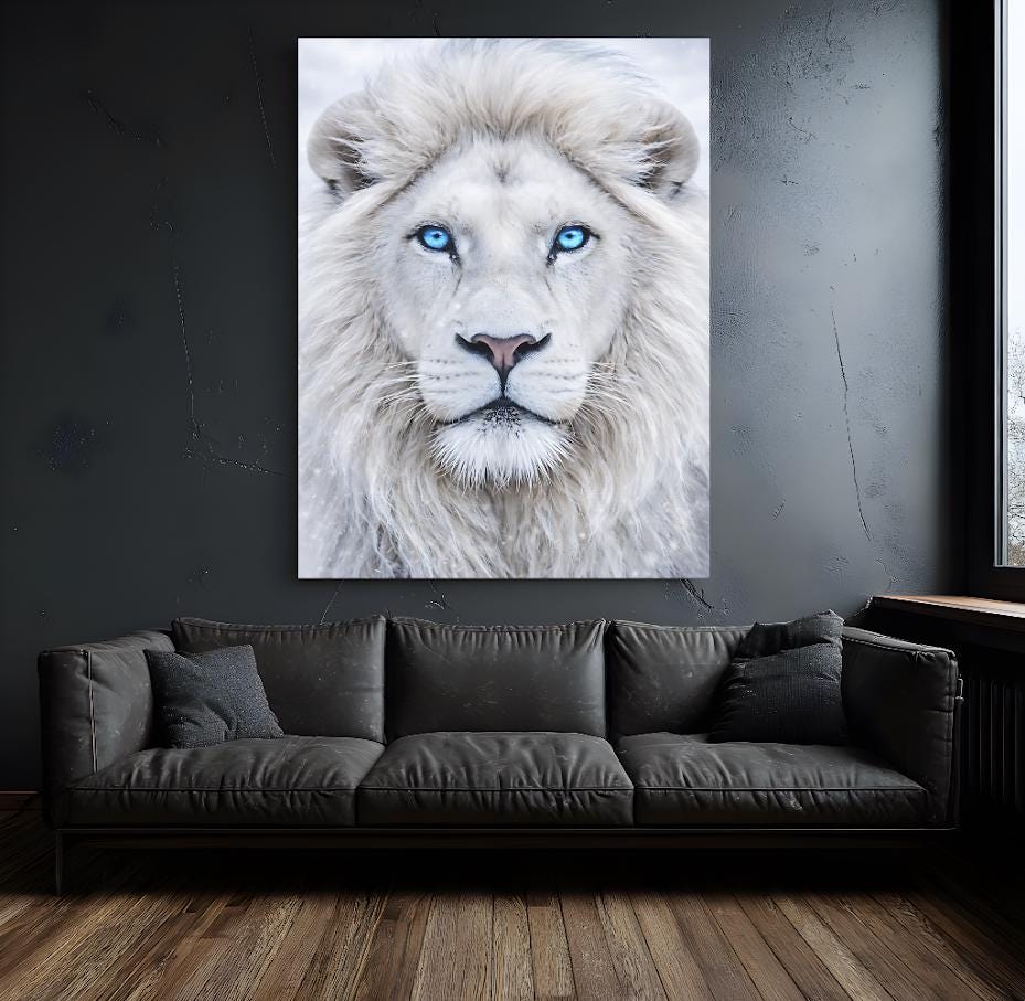 White Lion Wall Art | Majestic Wildlife Canvas Print, Big Cat Decor (Poster) — Framed Print wall art