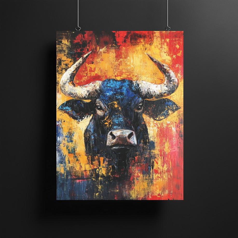 Abstract Bull Canvas Print | Colorful Animal Wall Art, Modern Farmhouse Decor — Framed Print wall art