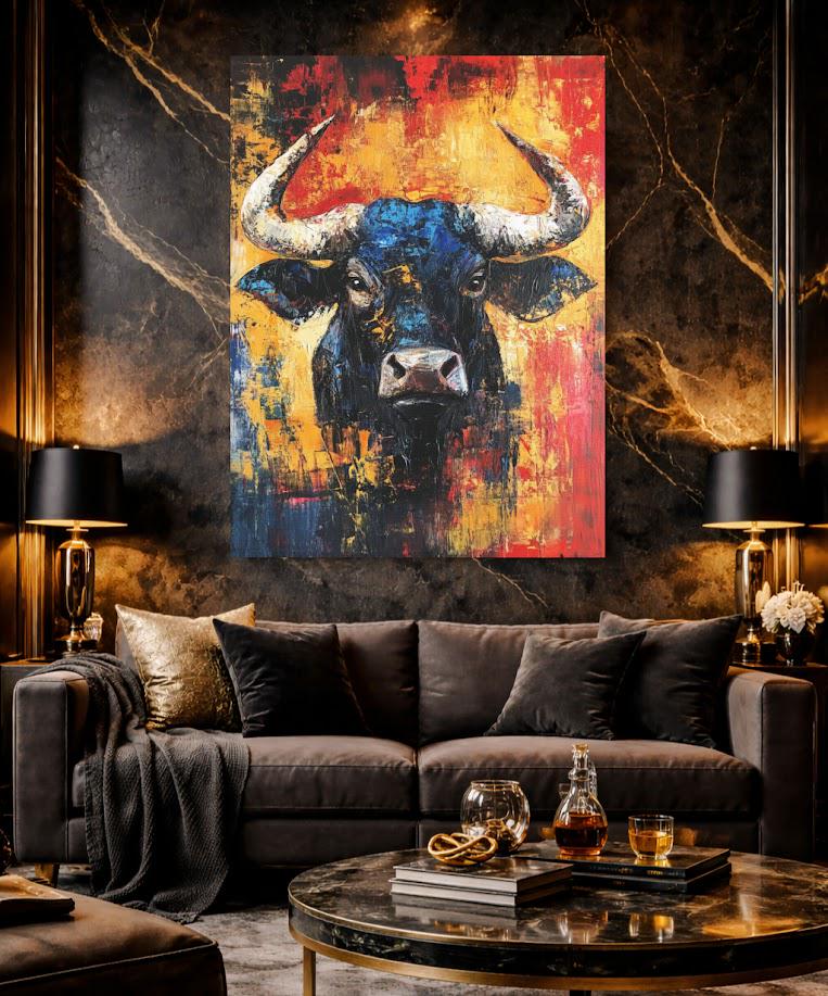 Abstract Bull Canvas Print | Colorful Animal Wall Art, Modern Farmhouse Decor — Framed Print wall art