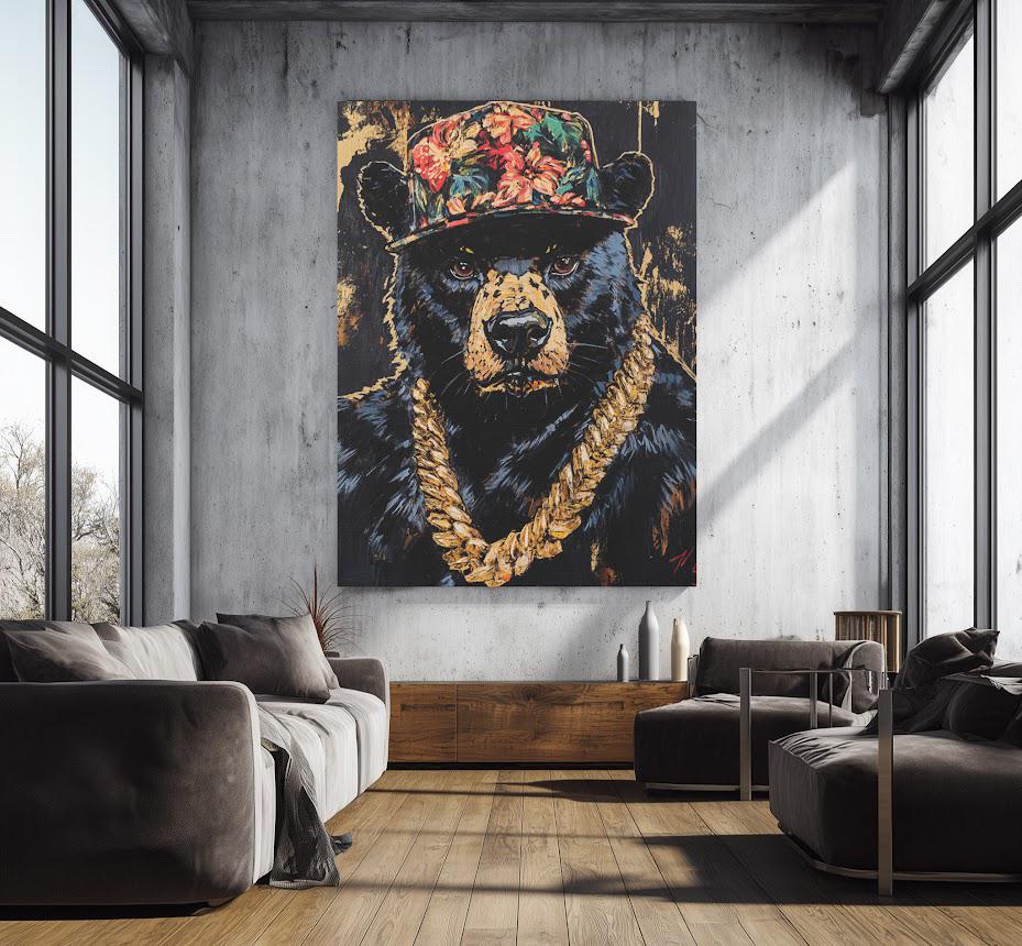 Hip Hop Bear Wall Art | Canvas or Poster | Black Grizzly Gold Chain Print | Urban Man Cave | Forest Animal Painting — Canvas