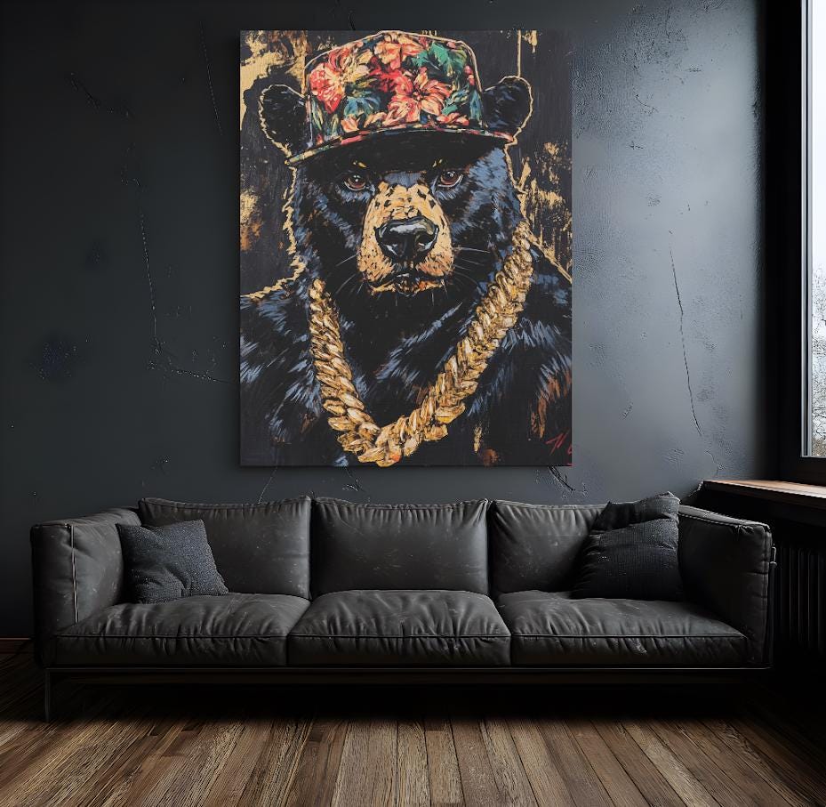 Hip Hop Bear Wall Art | Canvas or Poster | Black Grizzly Gold Chain Print | Urban Man Cave | Forest Animal Painting — Framed