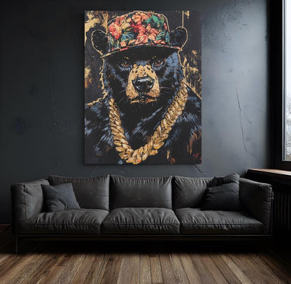 Hip Hop Bear Wall Art | Canvas or Poster | Black Grizzly Gold Chain Print | Urban Man Cave | Forest Animal Painting — Framed