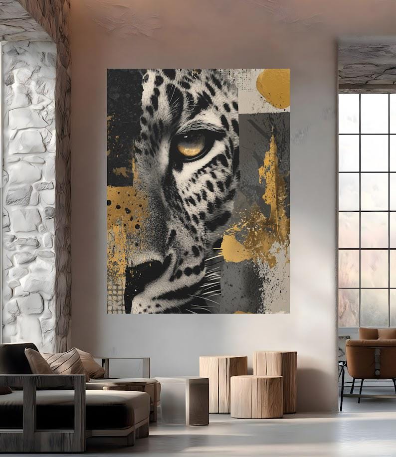 Leopard Canvas Print | Gold Accents Wildlife Artwork, Modern Home Decor — Framed Print wall art