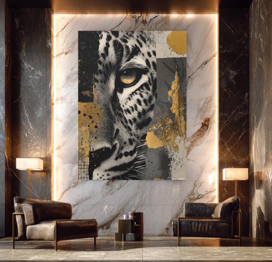 Leopard Canvas Print | Gold Accents Wildlife Artwork, Modern Home Decor — Framed Print wall art