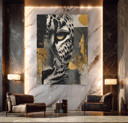 Leopard Canvas Print | Gold Accents Wildlife Artwork, Modern Home Decor — Framed Print wall art