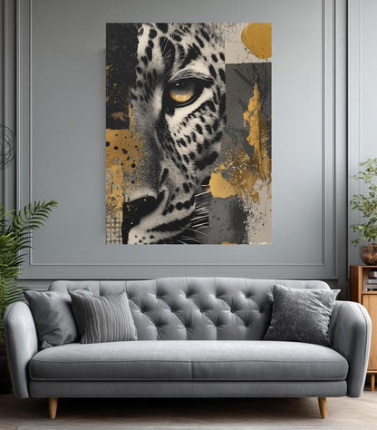 Leopard Canvas Print | Gold Accents Wildlife Artwork, Modern Home Decor — Framed Print wall art