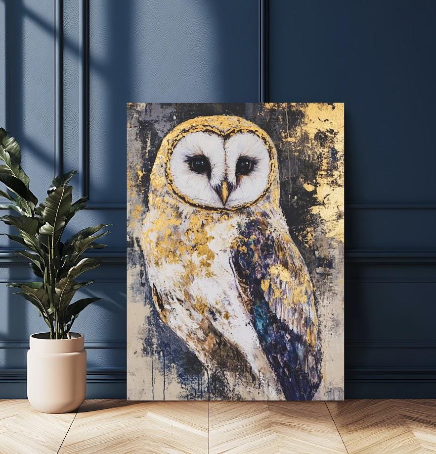 Golden Owl Wall Art | Abstract Bird Canvas | Modern Animal Decor | Luxury Artwork | Woodland Nursery Print — Framed Print