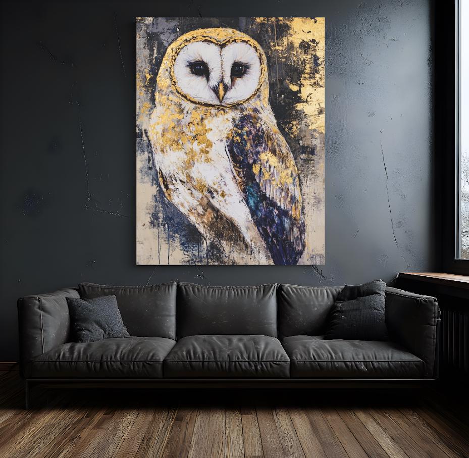 Golden Owl Wall Art | Abstract Bird Canvas | Modern Animal Decor | Luxury Artwork | Woodland Nursery Print — Framed Print