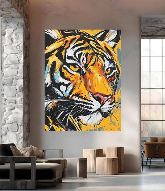 Colorful Tiger Face Canvas | Abstract Wildlife Print | Big Cat Maximalist Decor | Large Animal Head | Modern Jungle Artwork —