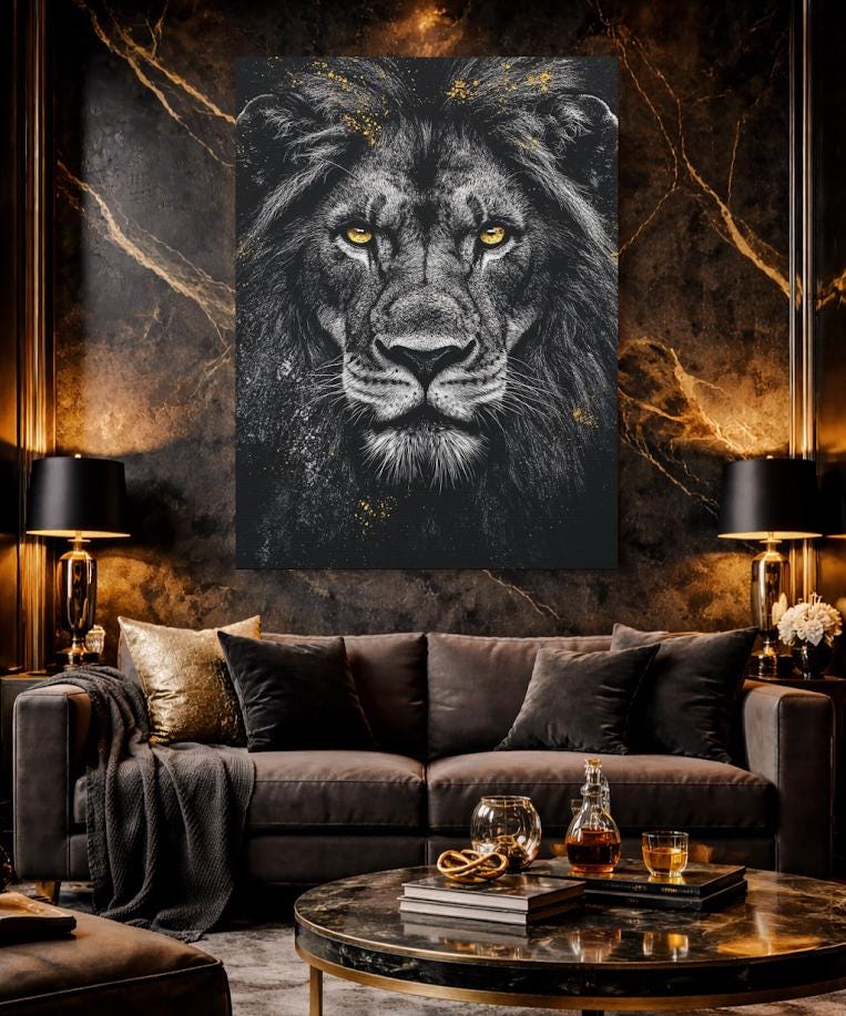 Black & White Lion Art | Canvas or Poster | Luxury Animal Portrait | King of the Jungle Print | Masculine Gift for Him |