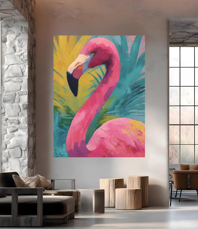 Vibrant Pink Flamingo Canvas | Preppy Tropical Art | Abstract Coastal Decor | Palm Beach Chic | Maximalist Bird Painting —
