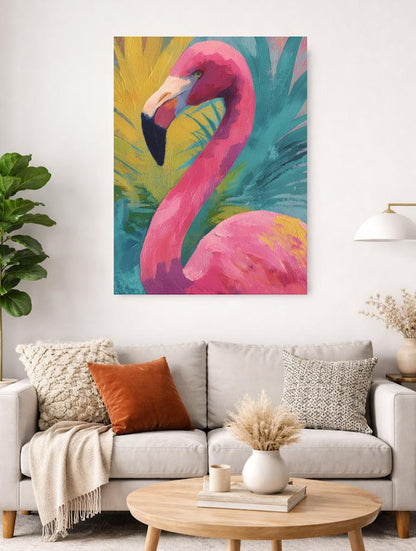 Vibrant Pink Flamingo Canvas | Preppy Tropical Art | Abstract Coastal Decor | Palm Beach Chic | Maximalist Bird Painting —