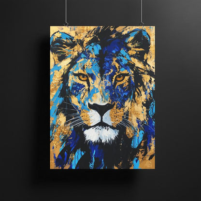 Gold & Blue Lion Art | Canvas or Poster | Abstract Zoo Animal Print | Wildlife Painting | Large Animal Face | Modern Luxury —