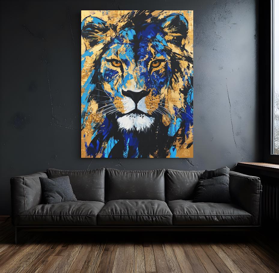 Gold & Blue Lion Art | Canvas or Poster | Abstract Zoo Animal Print | Wildlife Painting | Large Animal Face | Modern Luxury —